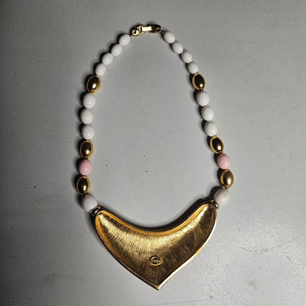 Vintage Napier Gold Tone Enamel‎ Bib Necklace Pink White Beaded Collar 80s Retro - Picture 3 of 6